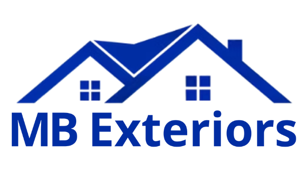 Logo for MB Exteriors: Blue house outline with windows and chimney over dark blue text 