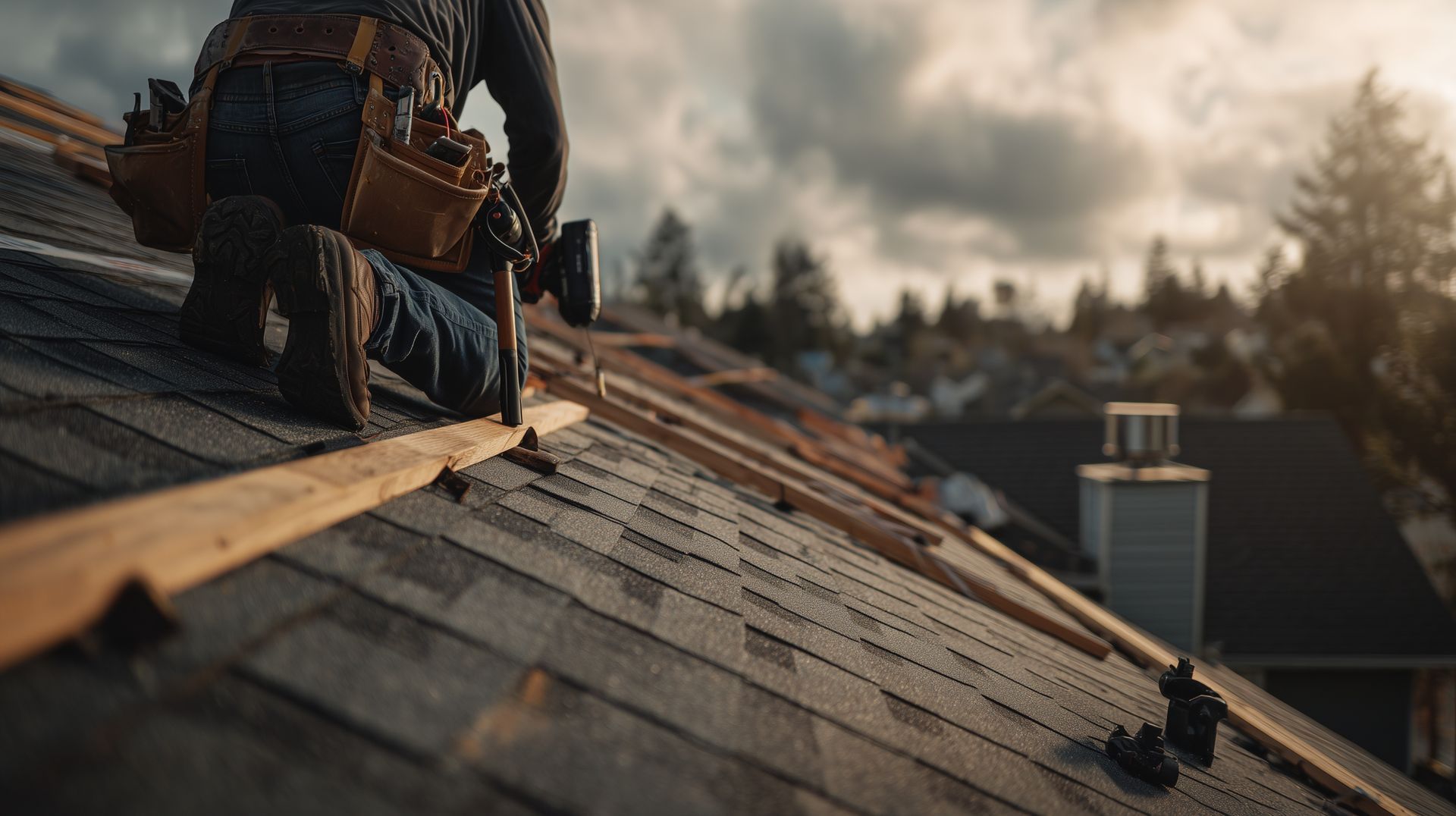 Roofing contractor in a tool belt kneeling on a shingle roof and installing new shingles at sunset. Roofing contractor in a tool belt kneeling on a shingle roof and installing new shingles at sunset.