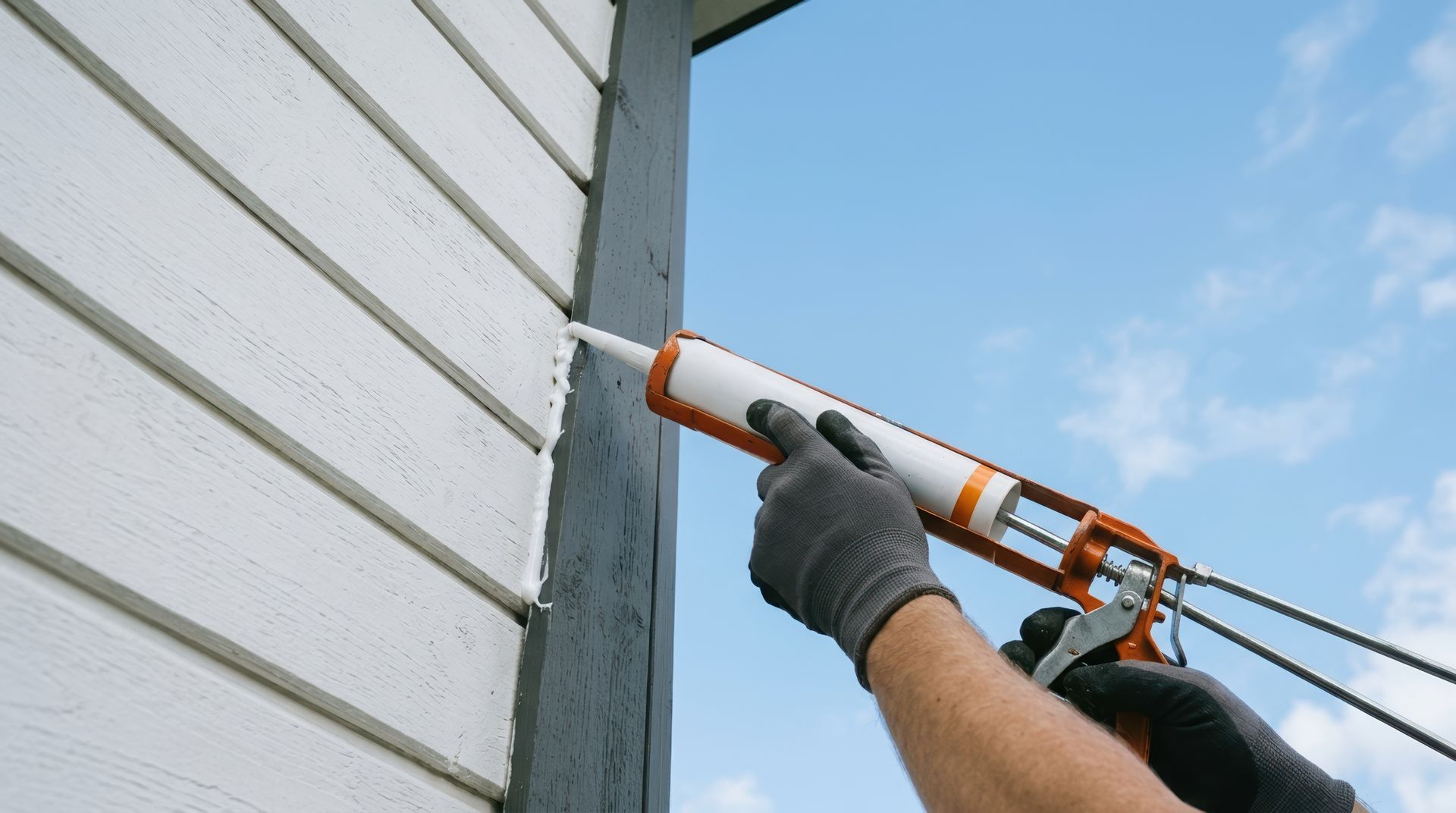 Siding replacement contractor sealing a seam between white lap siding and trim with a caulking gun.