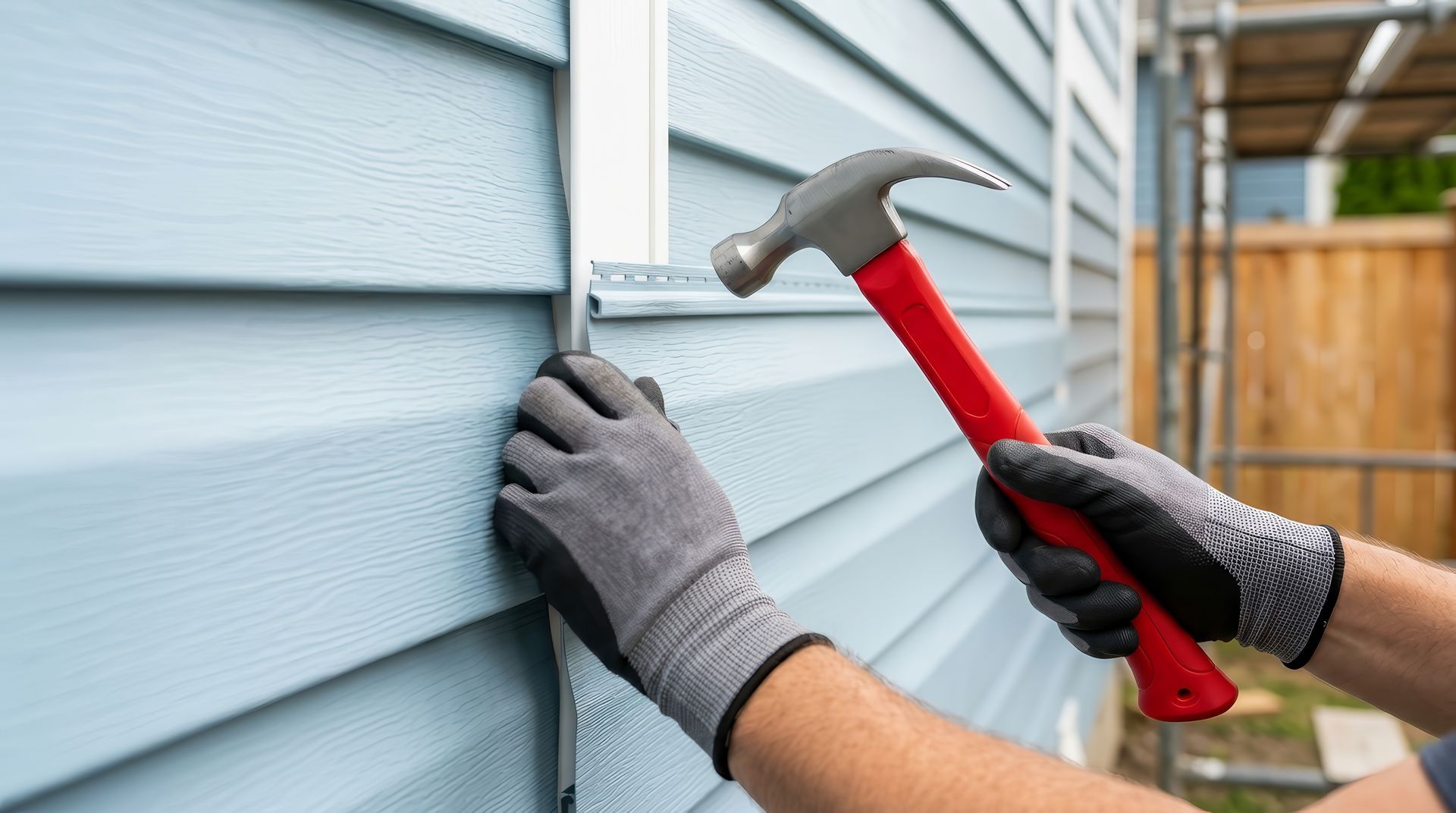 Contractor installing vinyl siding panels on a home's exterior during renovation work.