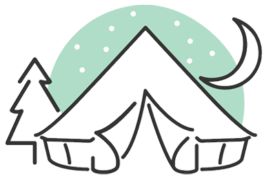 Camping scene: tent, pine tree, moon, and stars on a teal background.