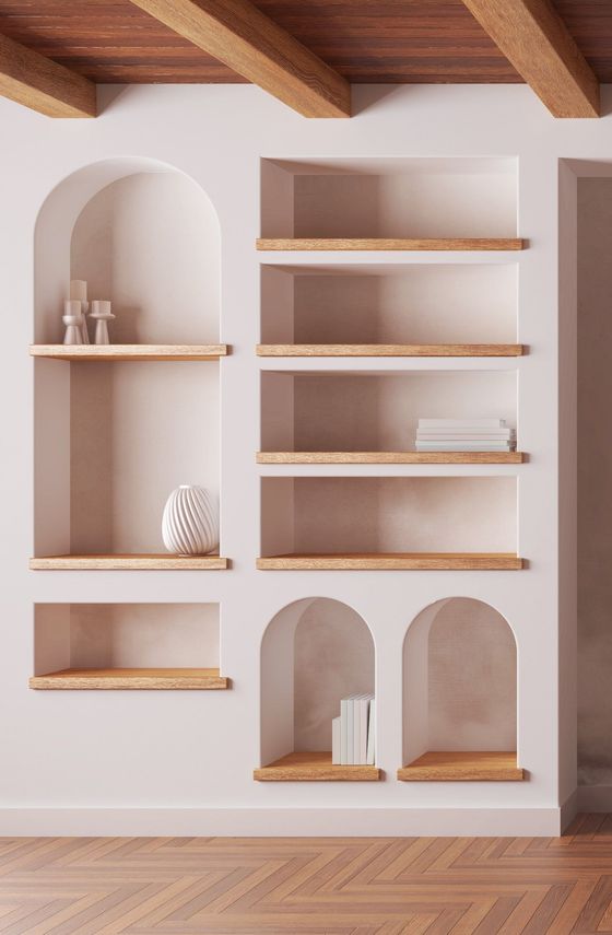 nicchia in gesso con mensole in legno