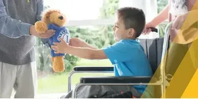 A young boy in a wheelchair is holding a teddy bear.