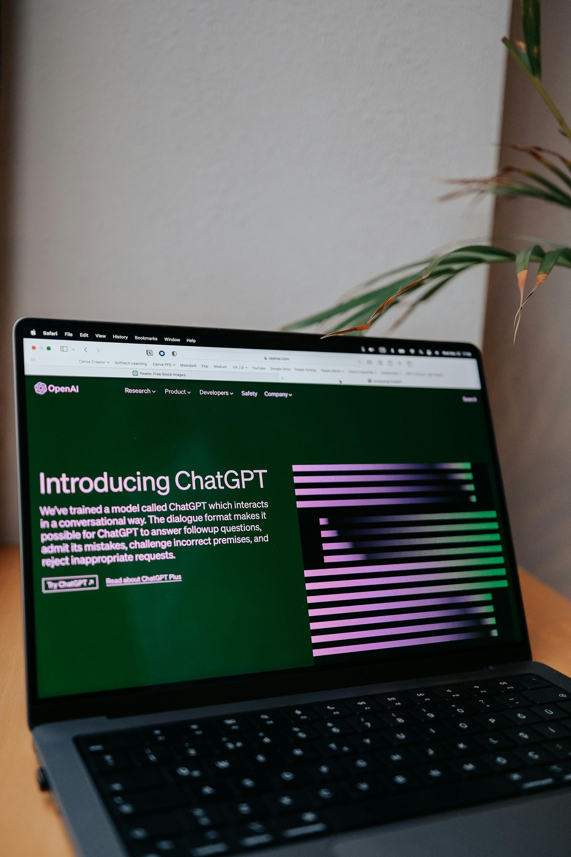 Laptop displaying the OpenAI ChatGPT webpage, with green and purple design, sitting on a wooden desk.