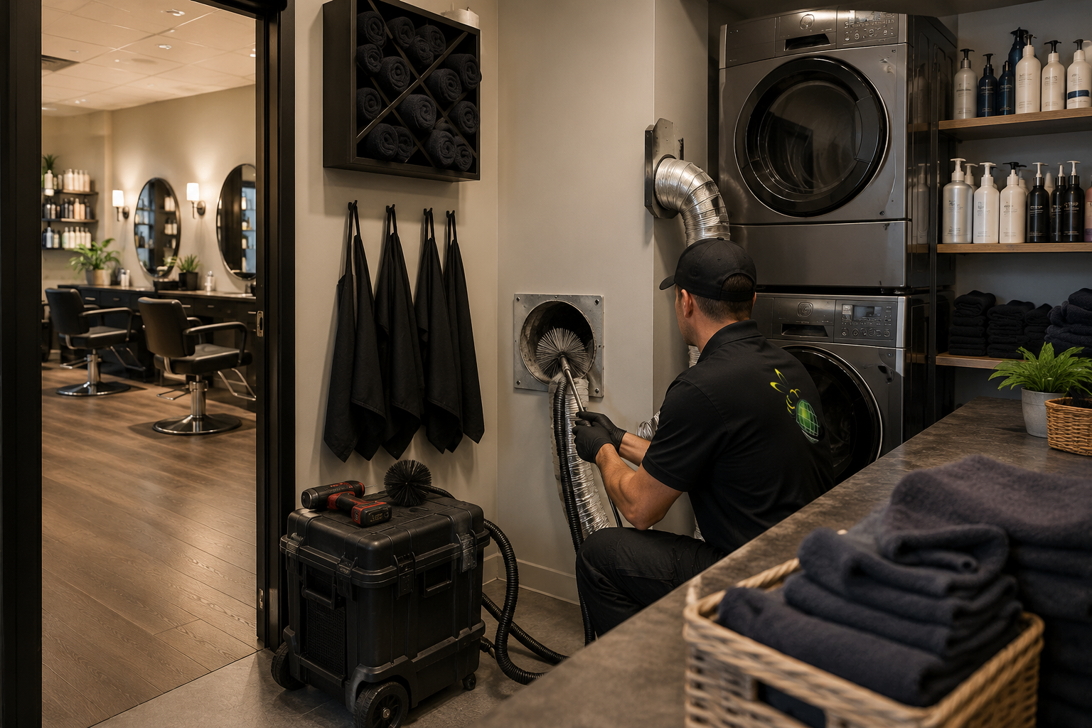 PowerBees performing Dryer Vent Cleaning in Somerville, MA at a commercial hair salon with a long dryer exhaust system.