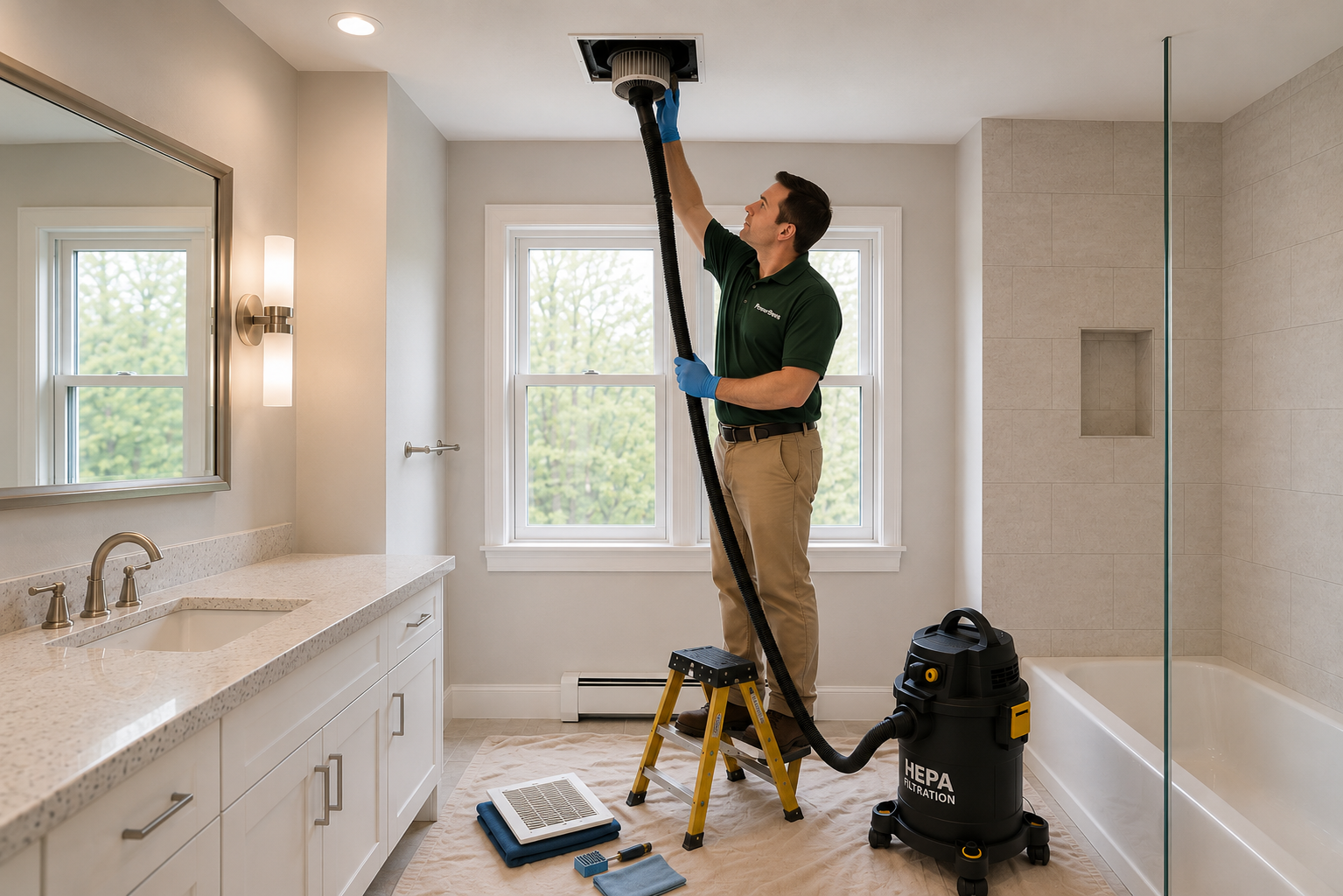 Professional dryer vent cleaning equipment including rotary brush tools, vacuum system, and airflow cleaning accessories