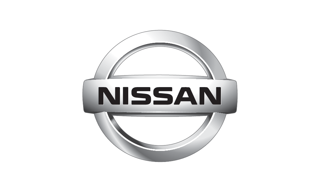 A silver nissan logo on a white background.