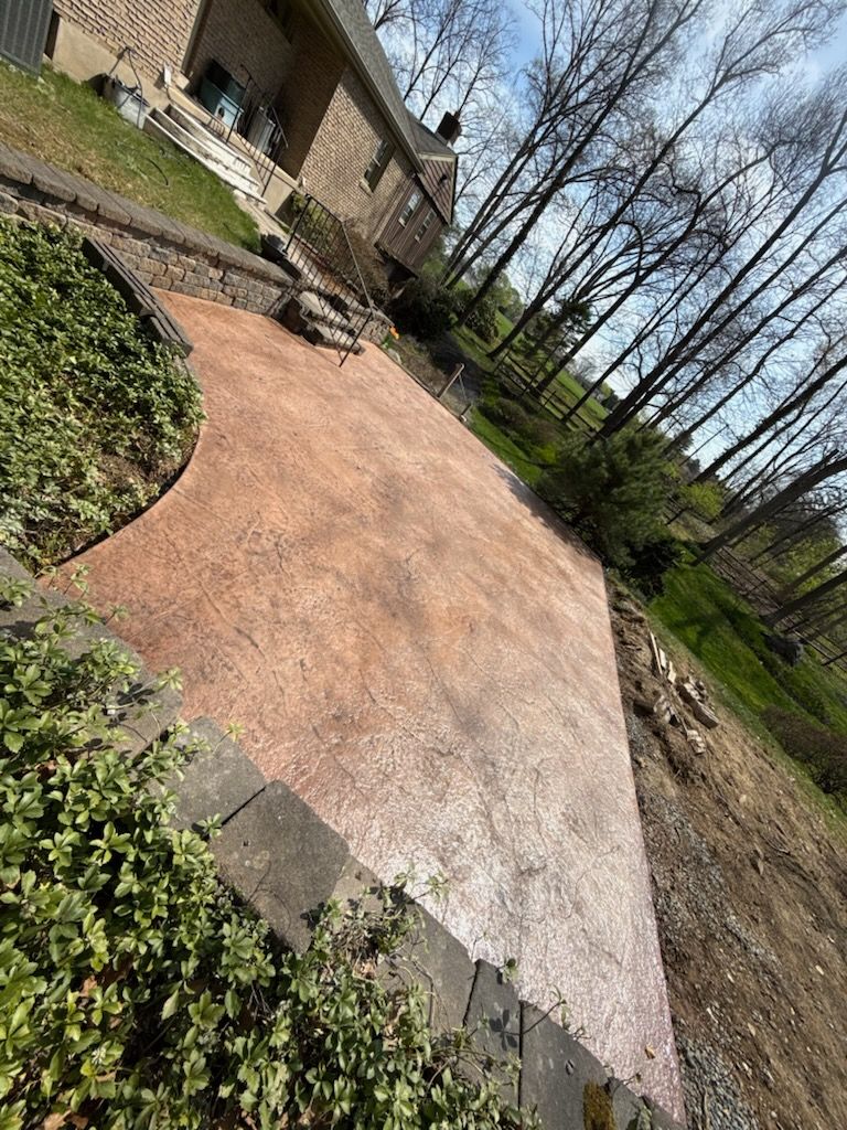 Brick walkway beside a house, lined with low shrubs and trees in a landscaped yard.