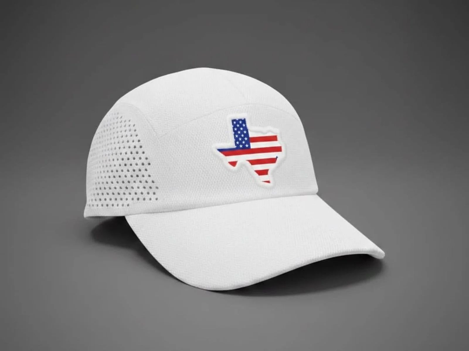 White mesh baseball cap with a curved brim and a US flag Texas patch on the front