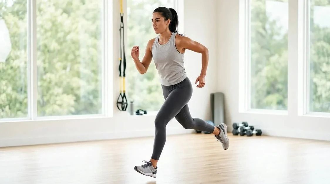 Woman running indoors in a bright fitness studio with exercise equipment in the background