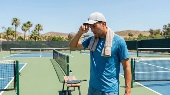 Man in blue shirt and white cap wiping his face beside outdoor tennis courts under bright sun