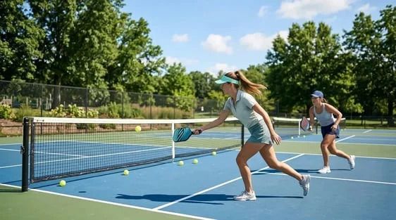 Two people playing tennis on an outdoor court, one lunging at the net under a sunny blue sky.
