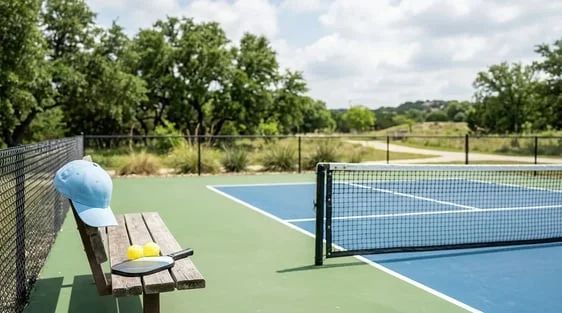 Tennis court with net, bench, cap, and tennis balls beside a grassy park area