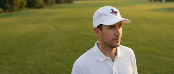 Man in a white polo and cap standing on a green field, looking to the side.