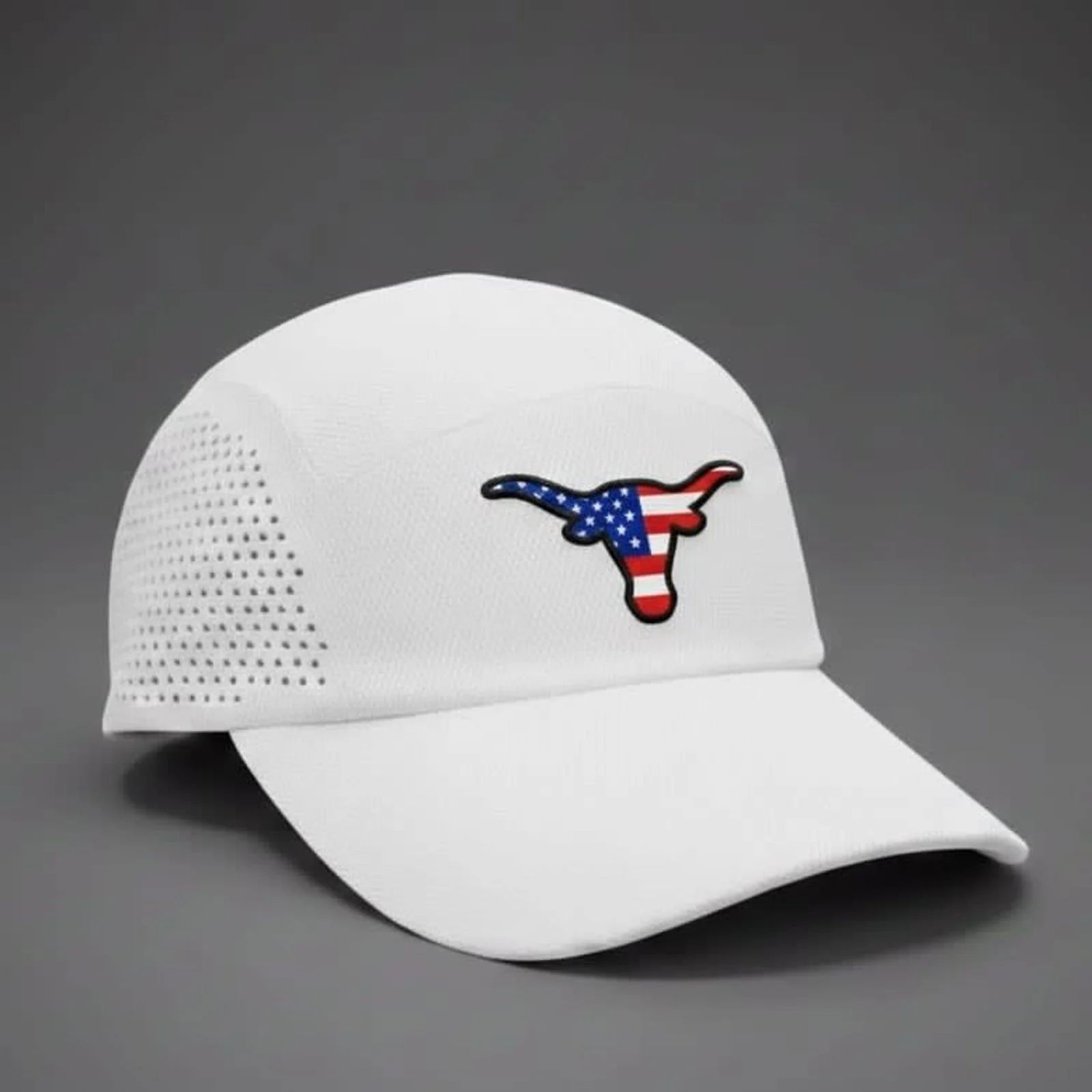 White baseball cap with a perforated side and a red, white, and blue longhorn logo on the front