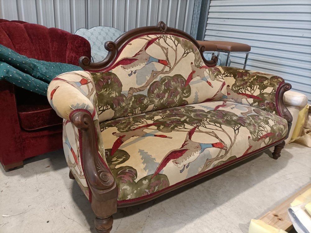 A Couch With A Bird Pattern On It Is Sitting In A Room — Ocean Charm Upholstery In Southport, QLD