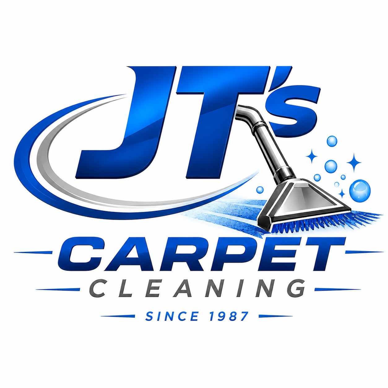 Logo for JT's Carpet Cleaning: Blue, Silver, and White. Phone number (913) 721-3515.