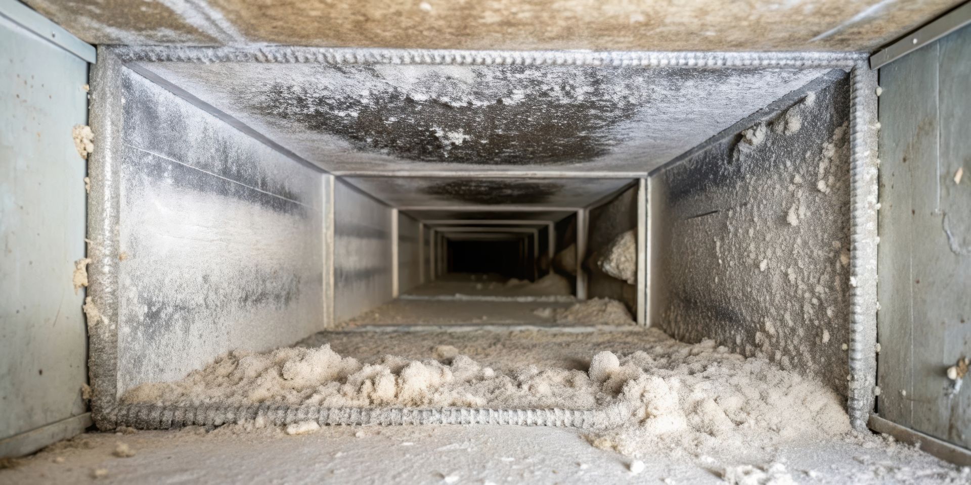 A dirty HVAC duct interior, coated in layers of dust and debris, dark in the distance.