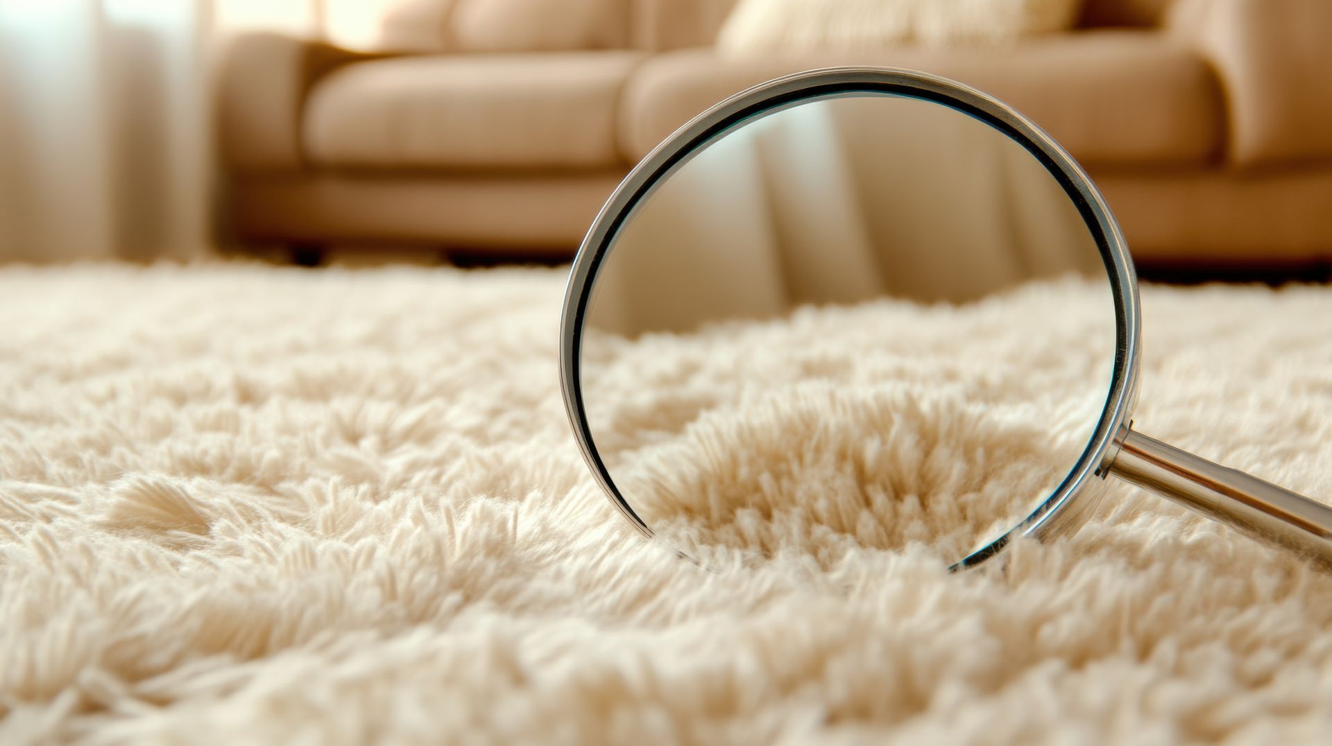 Magnifying glass over a shaggy white carpet, with a tan sofa in the background.