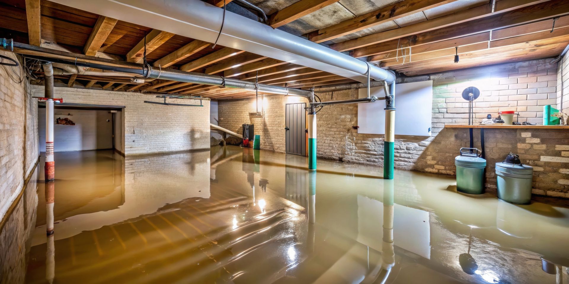 Flooded basement with standing water. Exposed beams, pipes, and concrete walls.