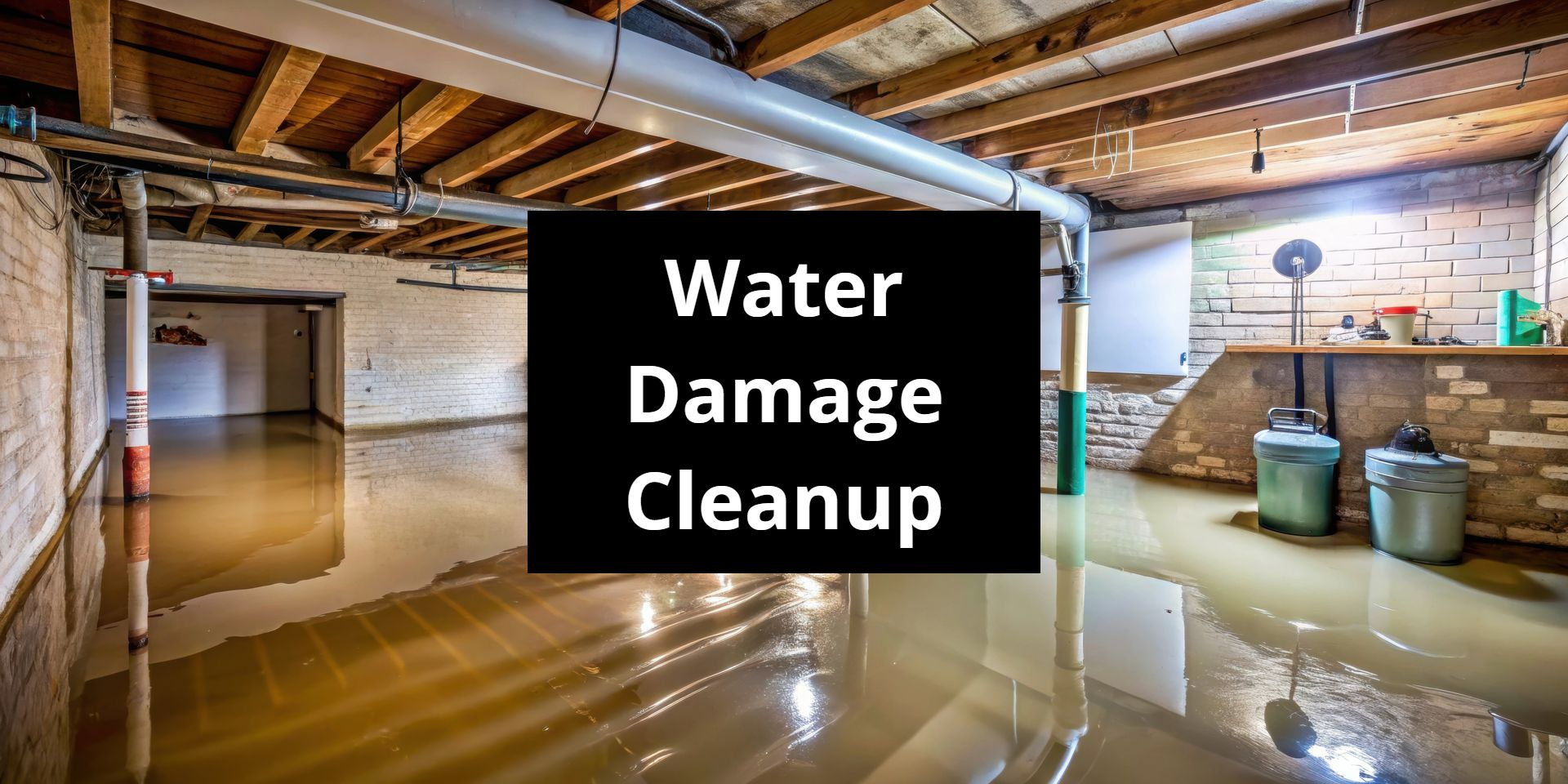 Basement flooded with brown water, with text