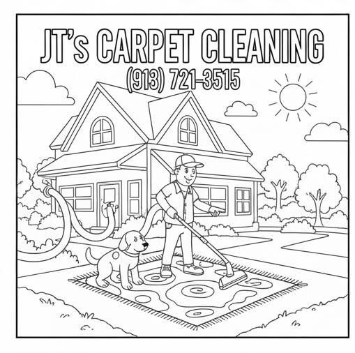 JT's Carpet Cleaning: A person cleaning a carpet in front of a house, dog present. Phone number in ad.