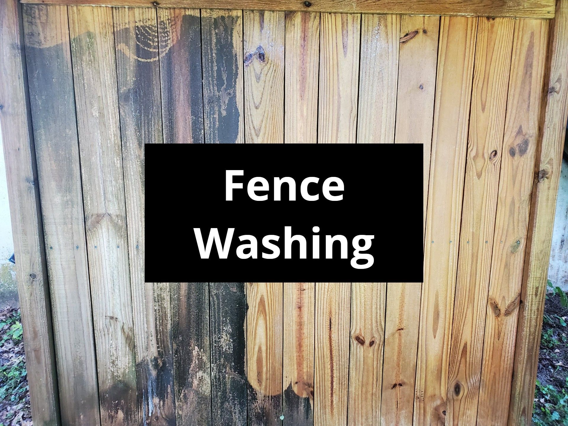 Fence partially cleaned, showing contrast between dirty and washed wood.