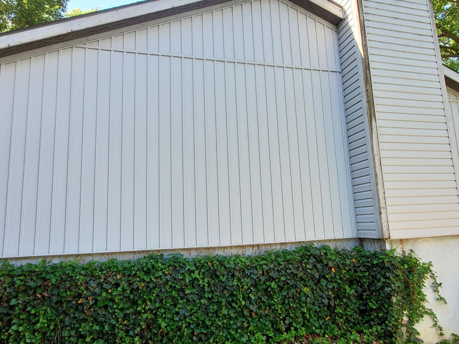 Exterior house wall with vertical siding, a green hedge, and a chimney.