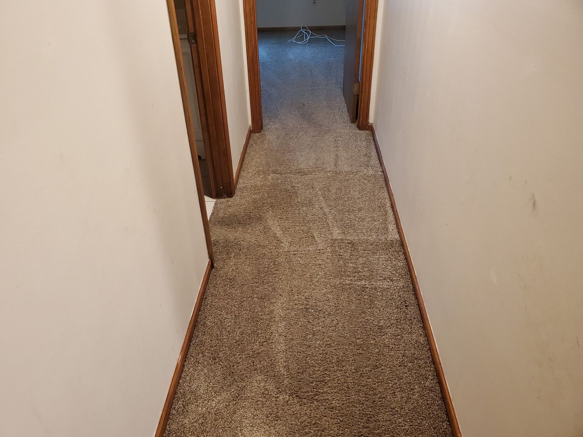 Narrow hallway with brown carpet, white walls, and wood trim.