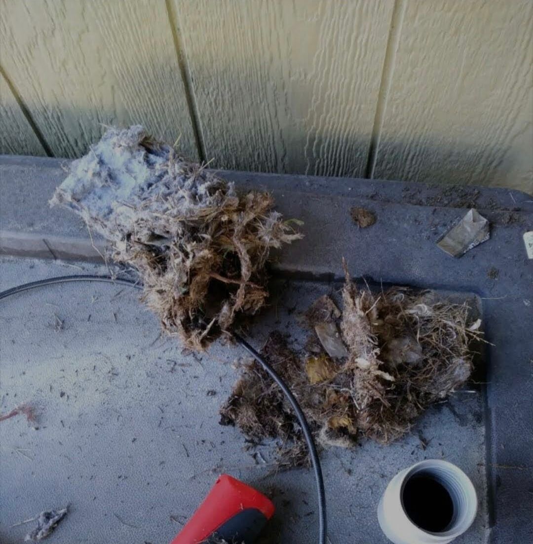 Tangled gray debris, cable, red tool, and a white cylinder on a gray surface against a light yellow wall.