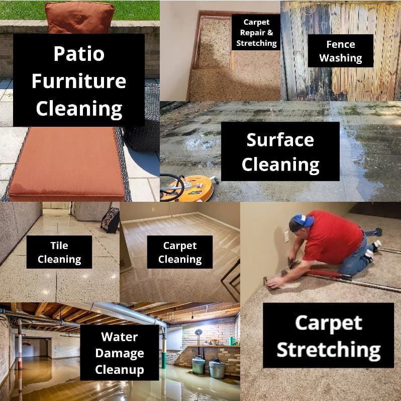 Collage of carpet, patio furniture, tile, fence, surface, and water damage cleaning services