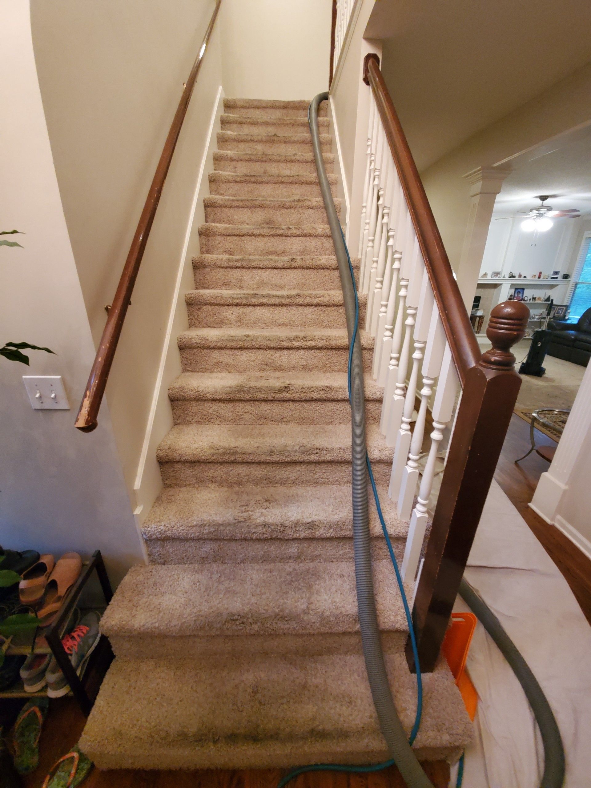 Staircase with beige carpet being cleaned; vacuum hose runs down the center. Wooden handrails and white spindles.