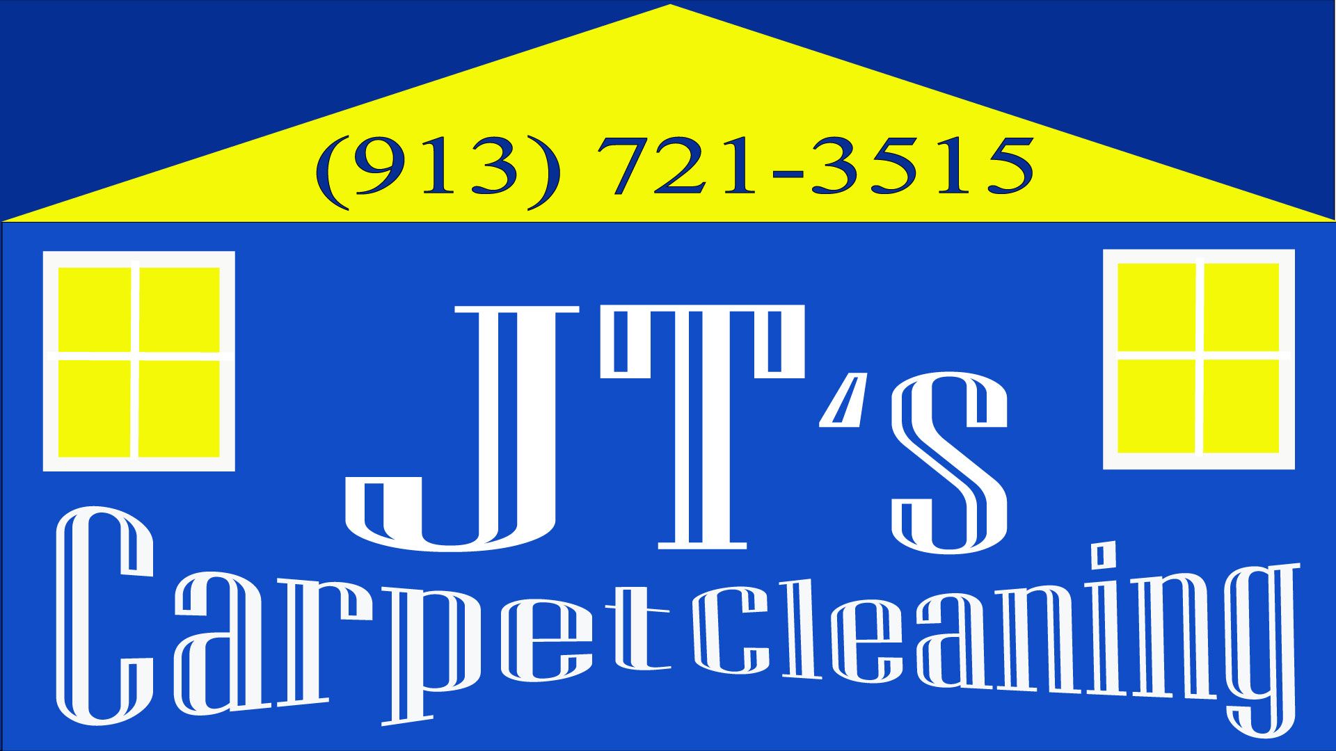 Logo for JT's Carpet Cleaning: blue house with yellow roof (phone #) and windows, white text
