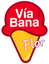 Logotipo de Vía Bana Flor en rojo y amarillo, con forma de cono de helado.