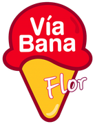 Logotipo de Vía Bana Flor en rojo y amarillo, con forma de cono de helado.