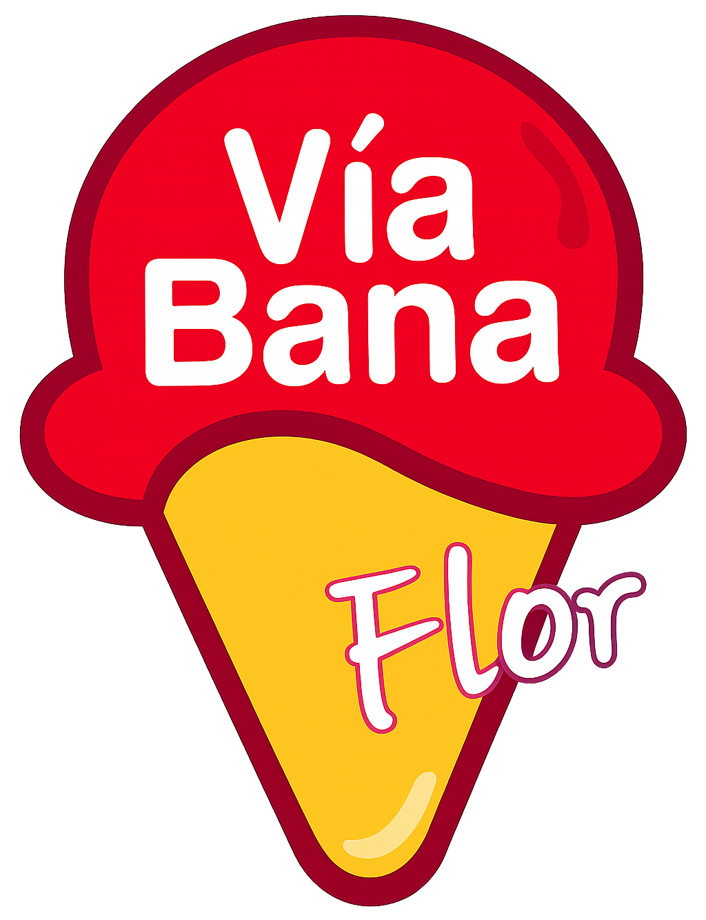 Logotipo de Vía Bana Flor en rojo y amarillo, con forma de cono de helado.