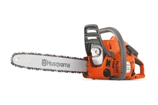 Orange Husqvarna chainsaw with long silver blade on a white background