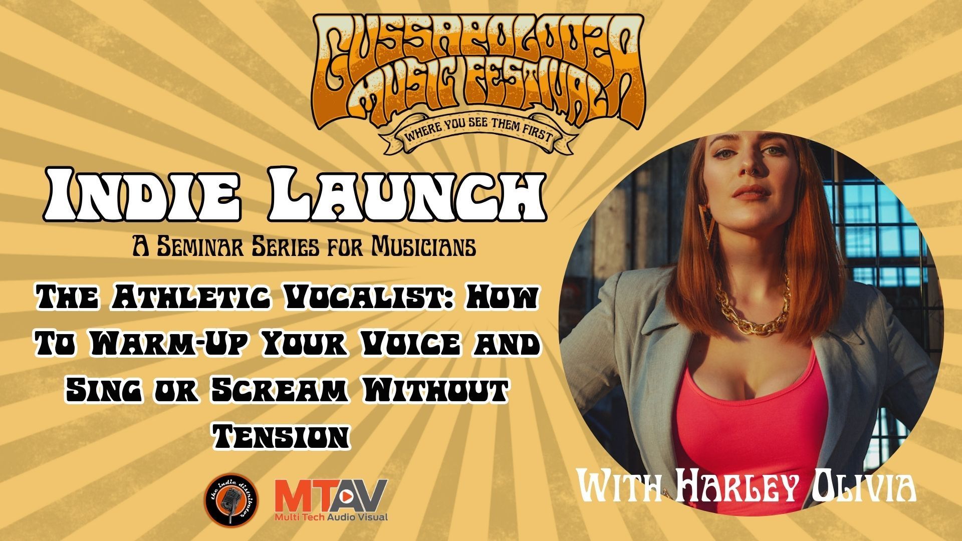 Promotional graphic for a music workshop. Features Harley Olivia, a singer, with text