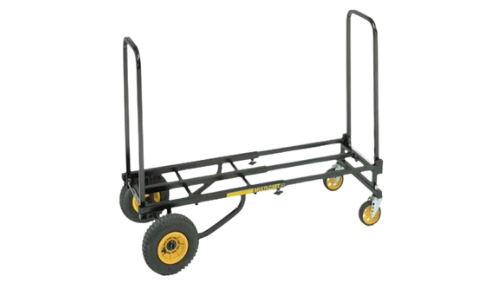 Black and yellow hand truck with two large wheels and two smaller casters.