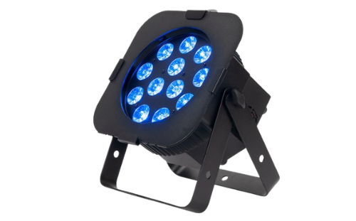 Black LED stage light emitting bright blue light.