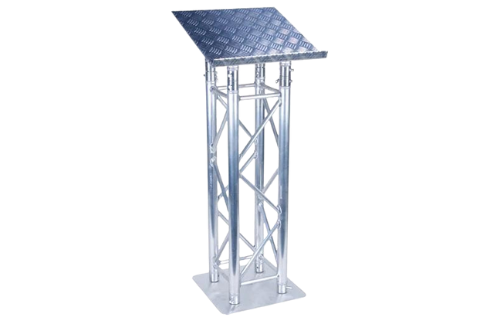 Silver metal podium with textured top, supported by a truss structure, on a square base.