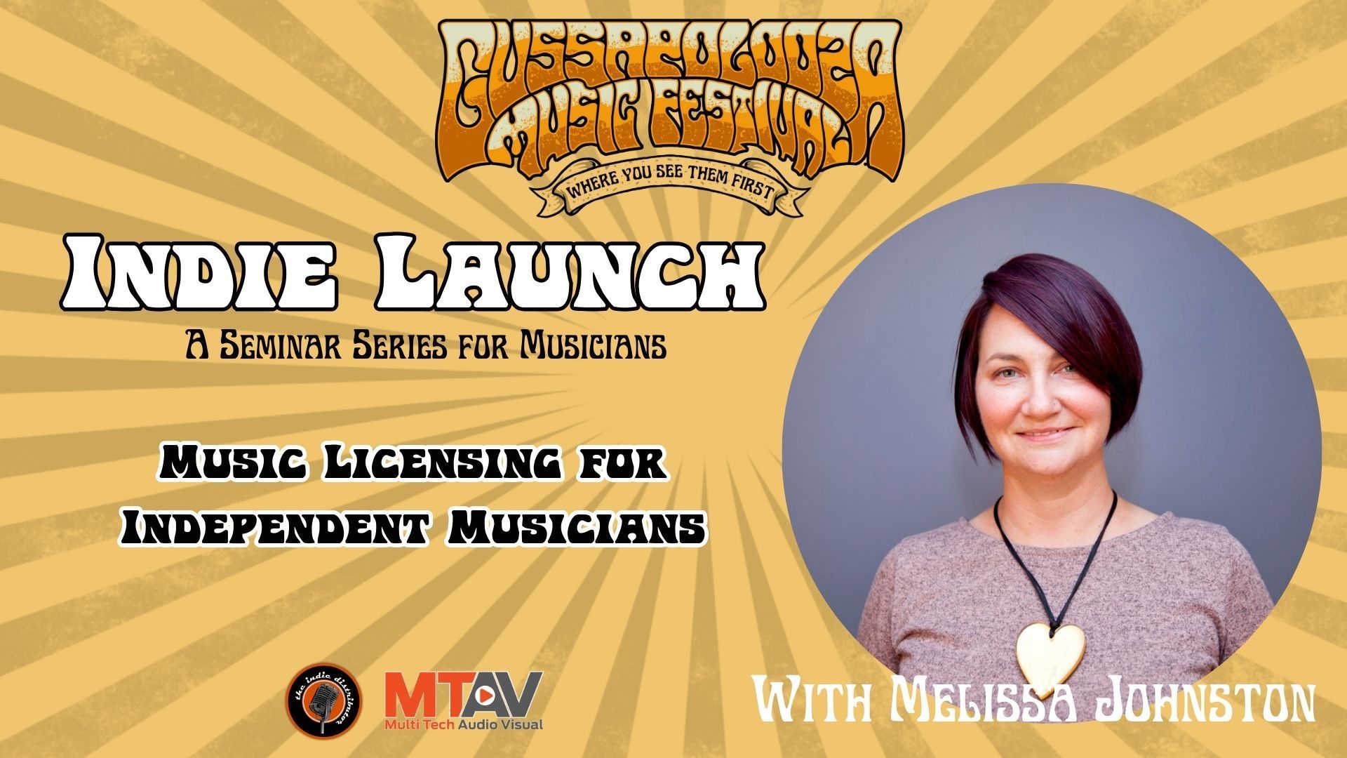 Promotional graphic for a music licensing seminar featuring Melissa Johnston, part of the