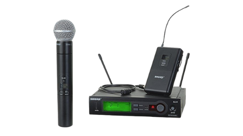 Wireless microphone system: microphone, receiver, and bodypack transmitter, black.