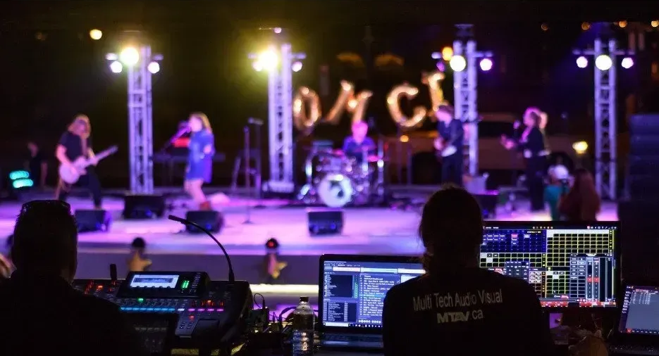 Band performing on stage at a concert. Sound engineers at front with mixing consoles, lights and equipment.