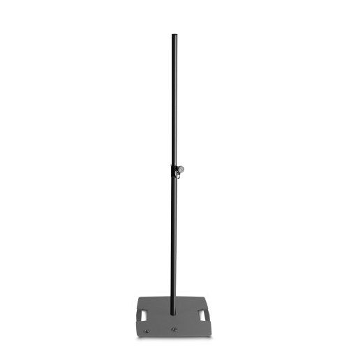 Black metal speaker stand with a square base. The stand is adjusted vertically.