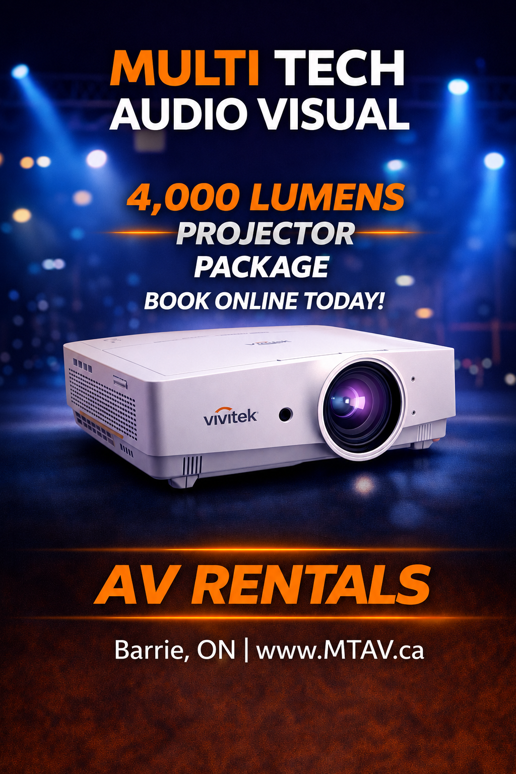 Advertisement for AV rentals, featuring a 4K projector. Text promotes