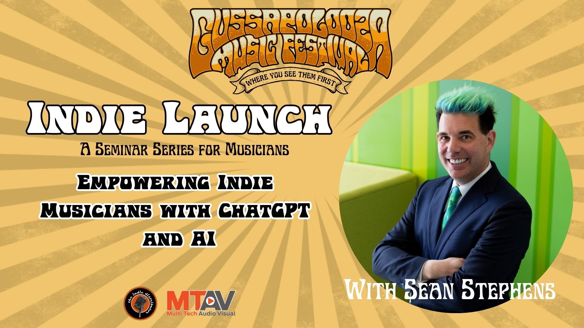 Promotional graphic: Sean Stephens with green hair, promoting
