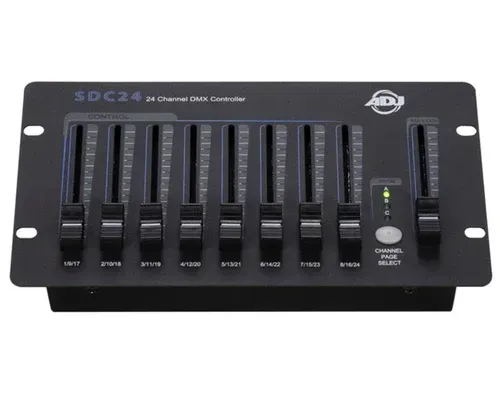 Black DMX controller with eight faders and channel select button.