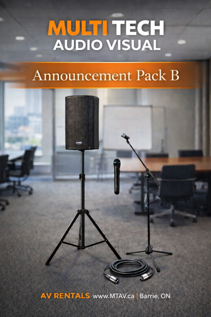 Announcement Pack B with speaker, microphone, stand, cables, and office setting.