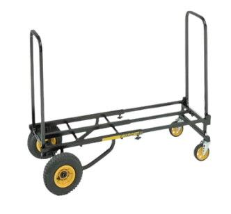 Black and yellow utility cart with two large wheels and two smaller caster wheels.
